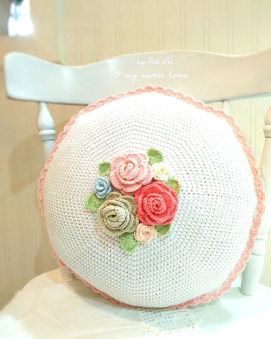 Colorful Crochet Cushion Cover with Floral Appliques