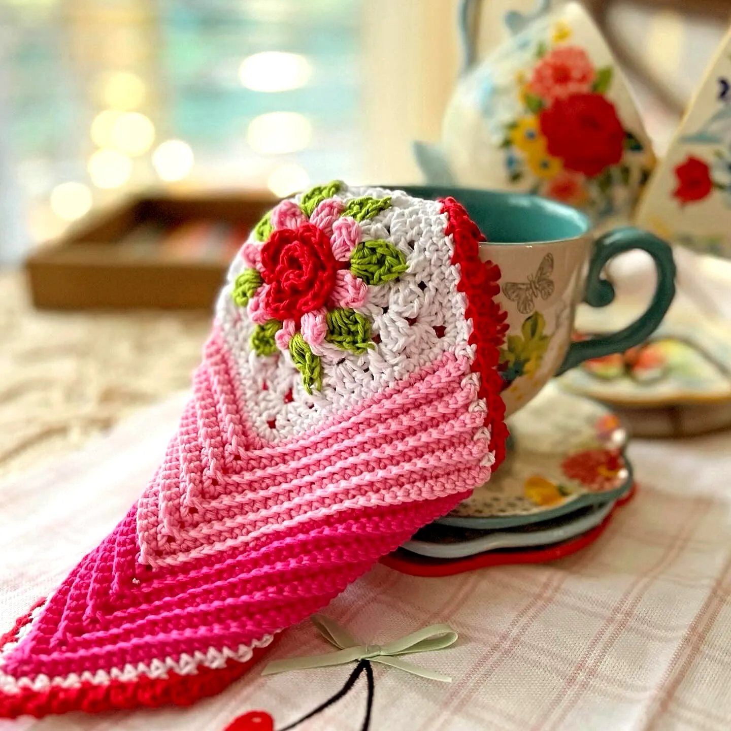 Colorful Crochet Dishcloth with Floral Motif