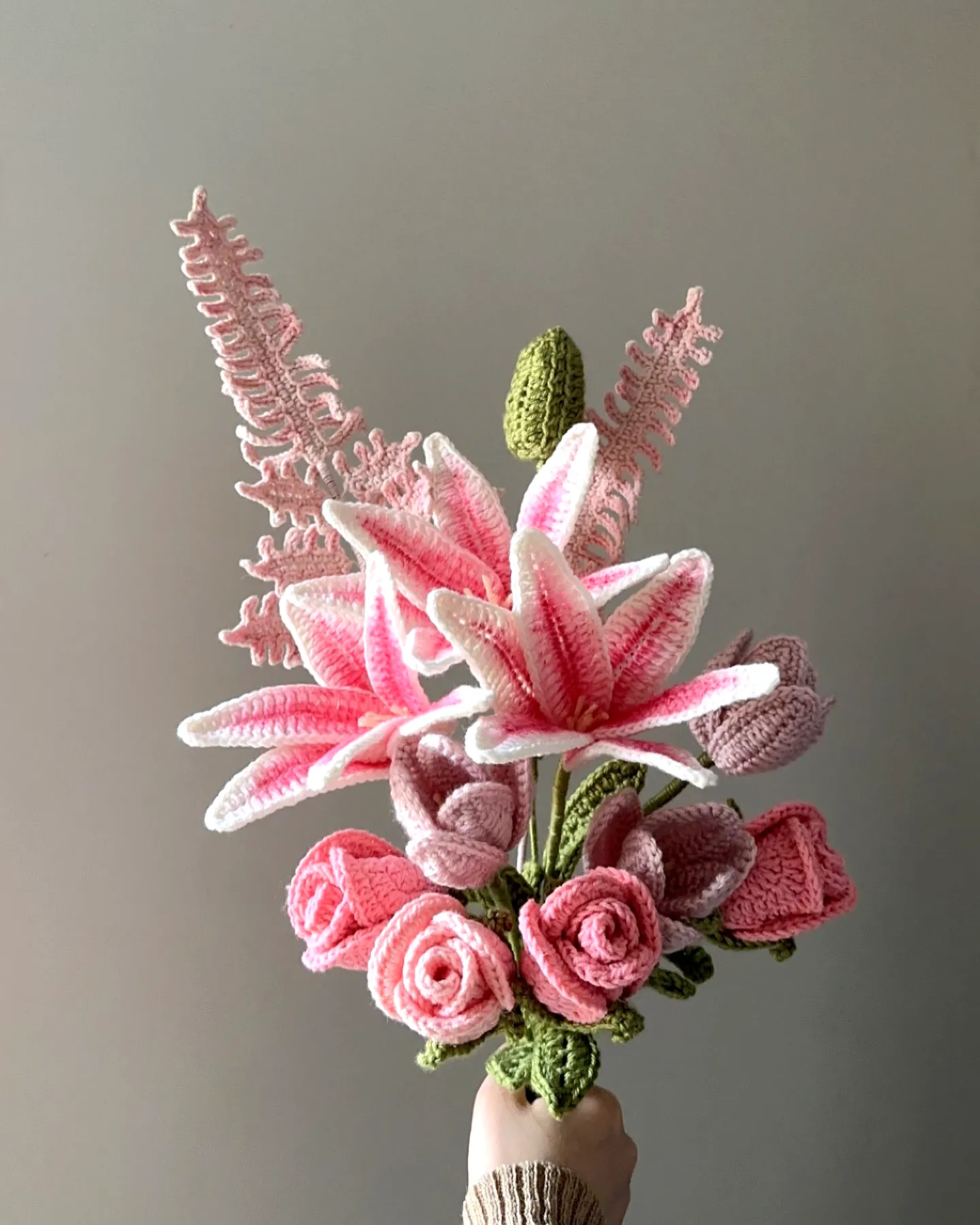 Colorful Crochet Flower Bouquet of Pink Lilies and Roses
