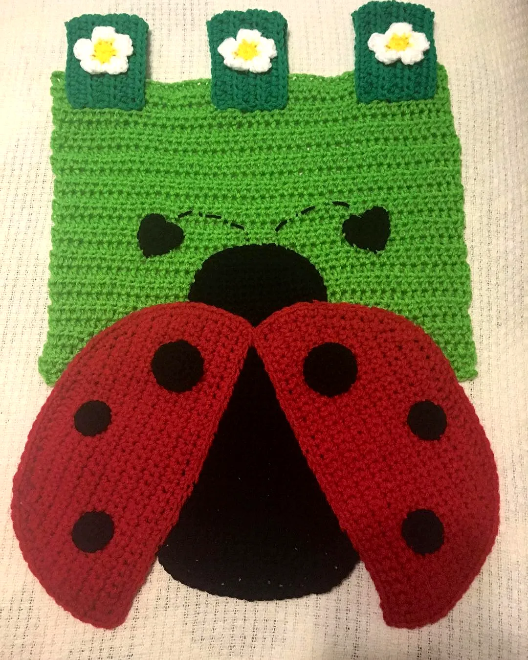 Colorful Crochet Garden Flag with Ladybug and Flowers