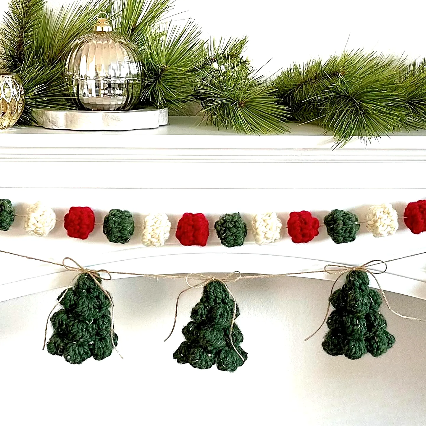 Colorful Crochet Garland of Christmas Trees and Puffs