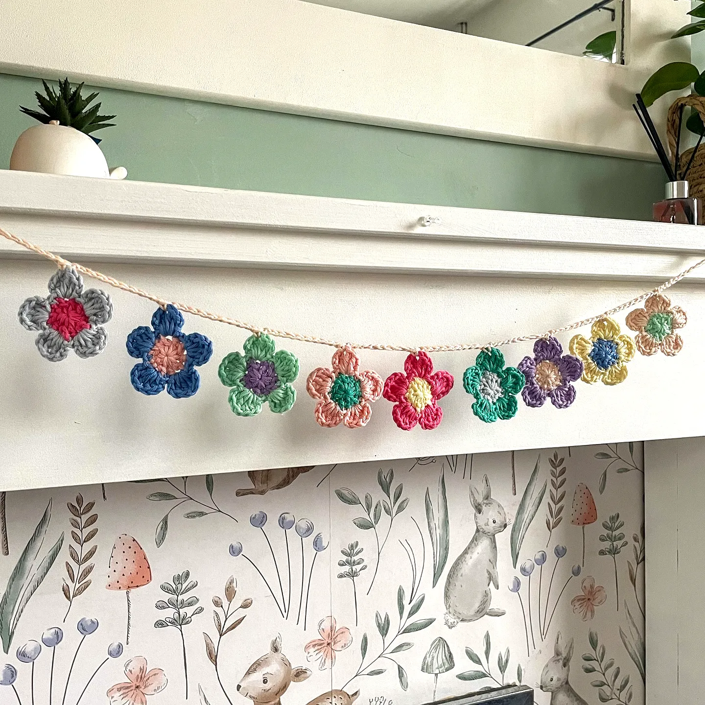 Colorful Crochet Garland of Flower Shapes
