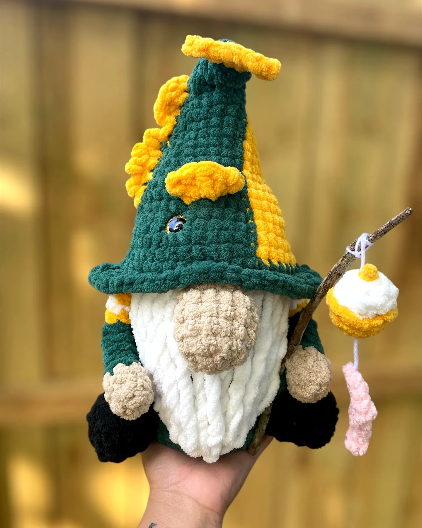 Colorful Crochet Gnome with Fluffy Beard and Fishing Pole