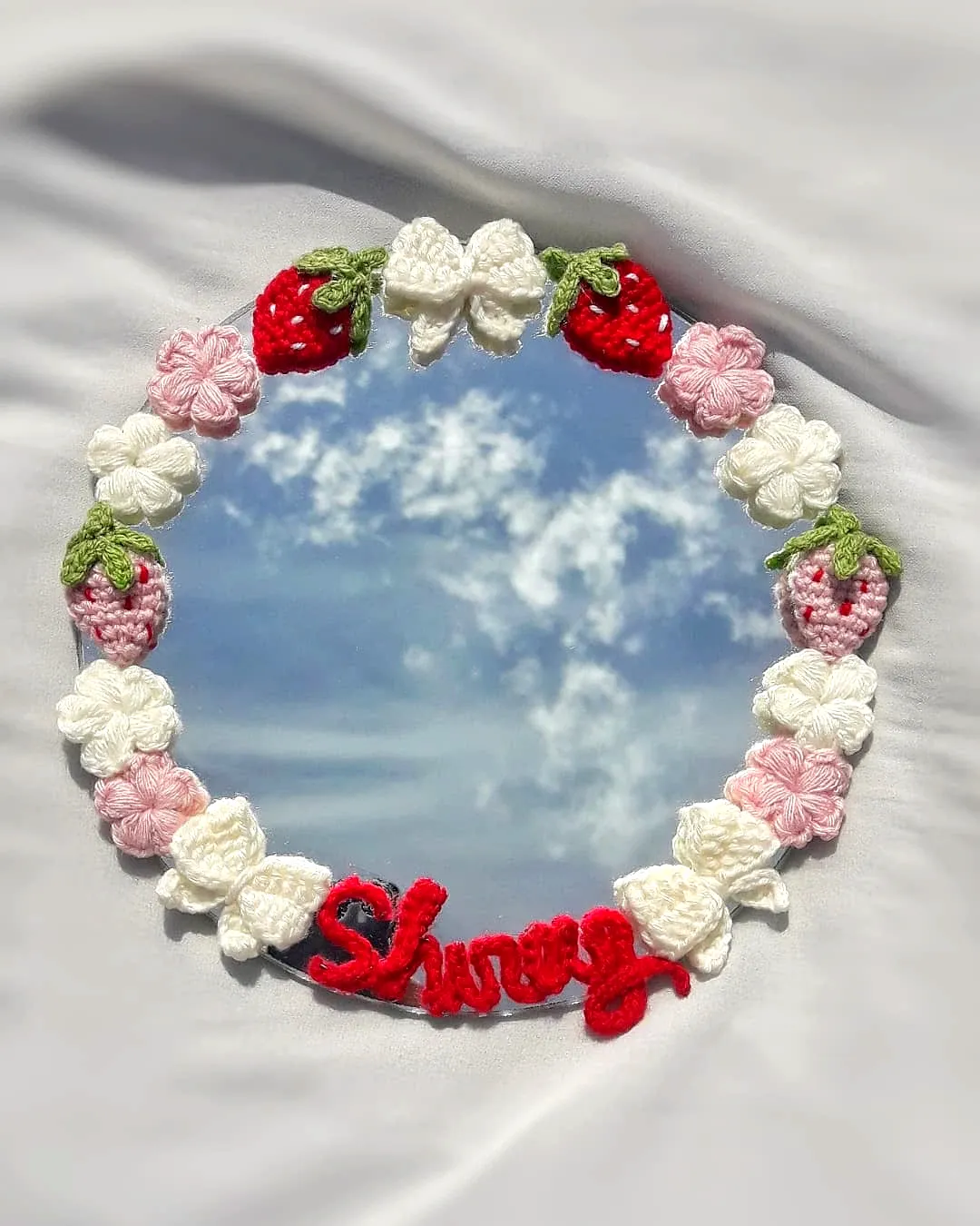 Colorful Crochet Mirror Frame with Strawberries and Florals