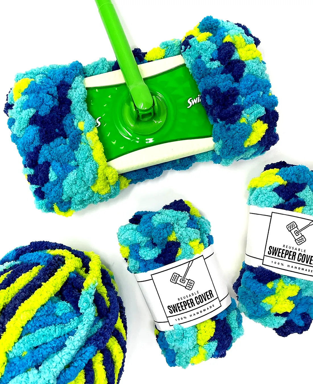 Colorful Crochet Mop Cover in Blue Green and Yellow