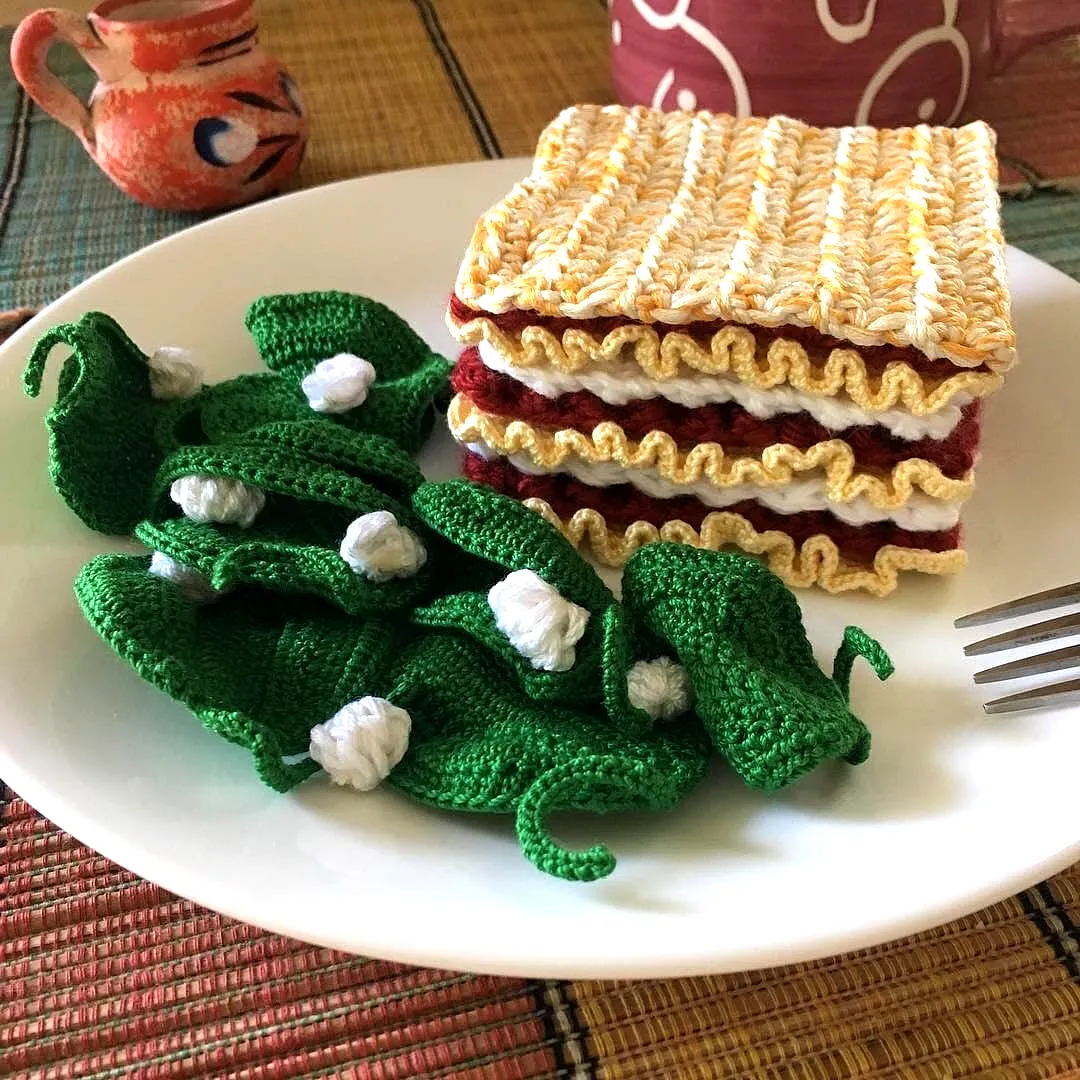 Colorful Crochet Pasta Set with Layered Lasagna and Spinach