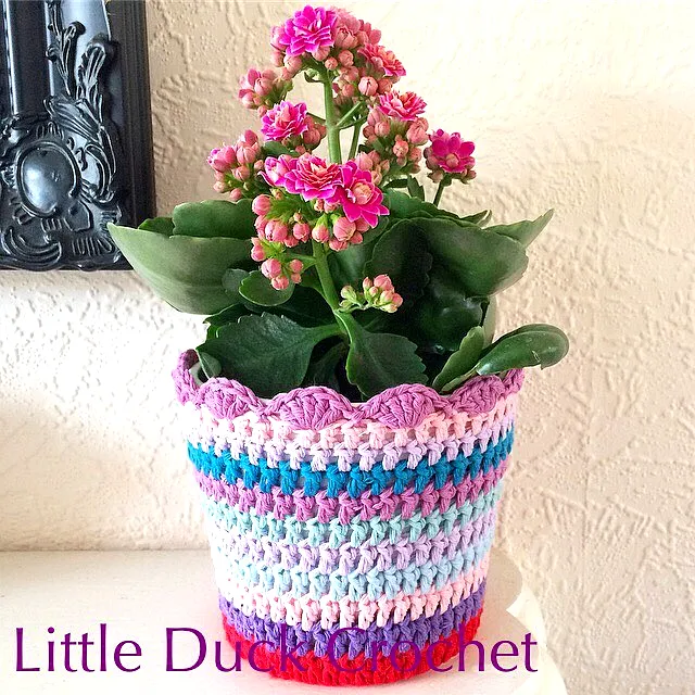Colorful Crochet Plant Pot Cover with Vibrant Striped Design