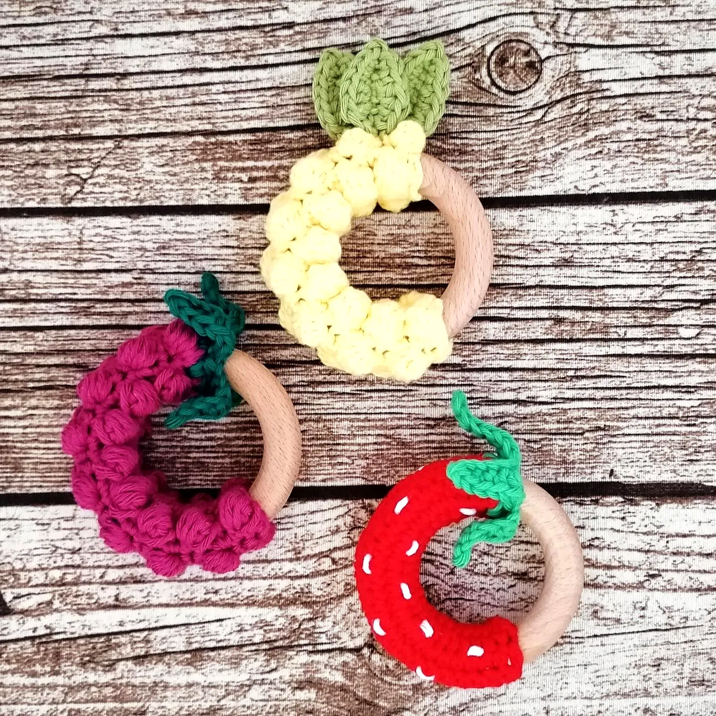 Colorful Crochet Teether with Vibrant Fruit Designs for Babies