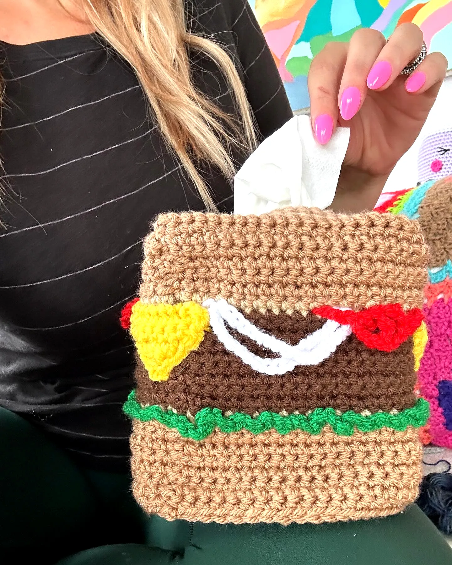 Colorful Crochet Tissue Box Cover in Hamburger Style