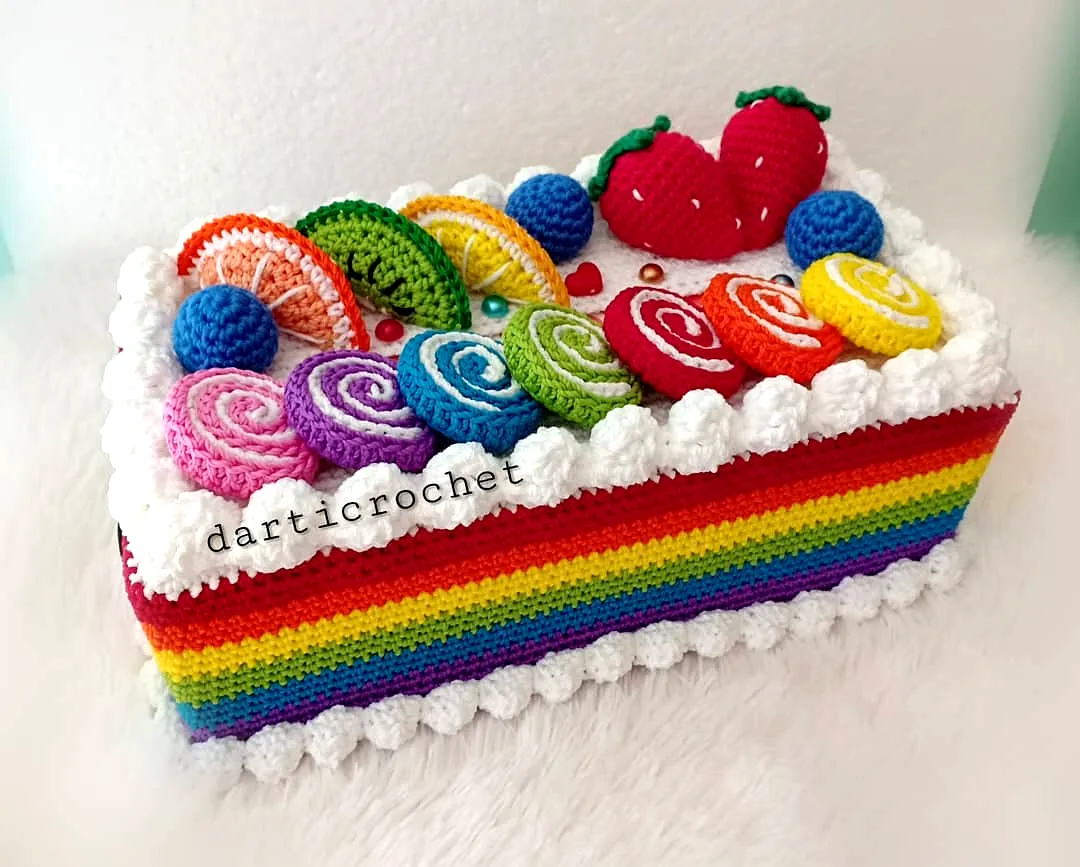 Colorful Crochet Tissue Box Cover with Cake Design for Intermediates