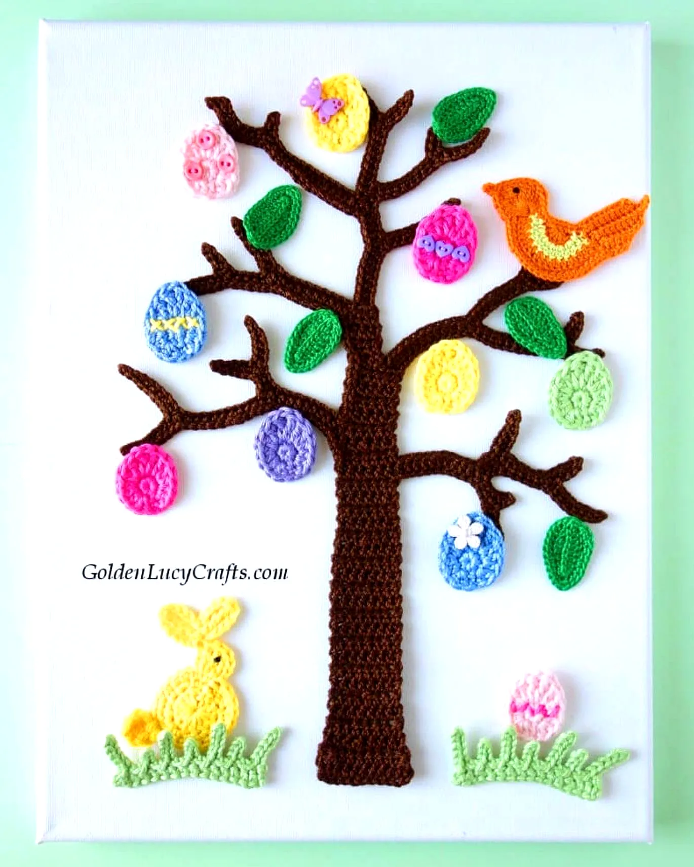 Colorful Crochet Tree Wall Art with Pastel Eggs and Bunny