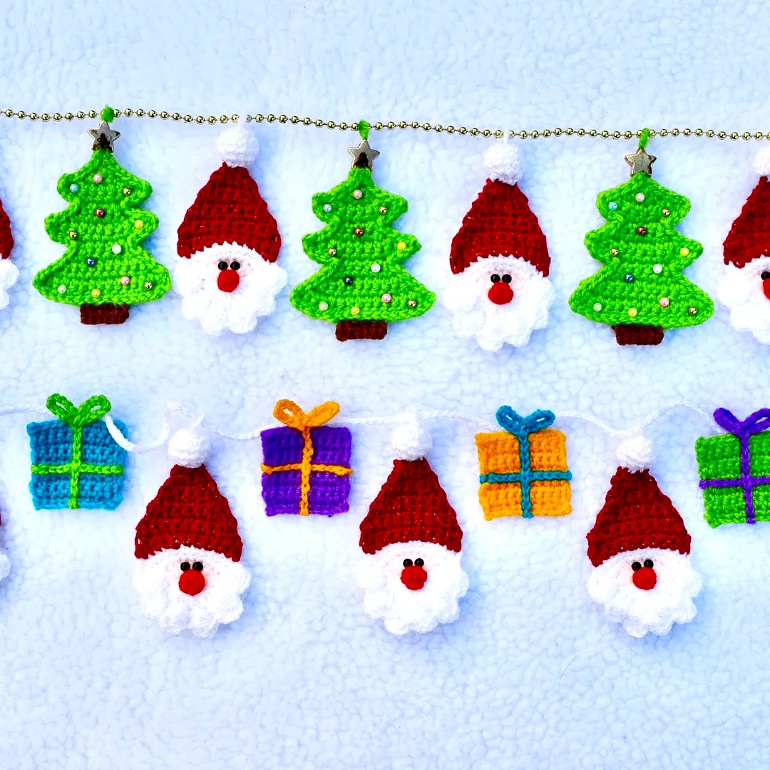 Colorful Crochet Wall Decor with Festive Santa and Tree Motifs
