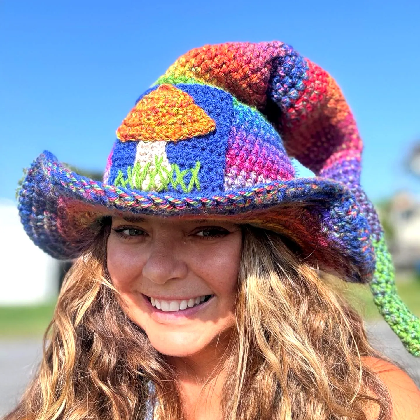 Colorful Crochet Wizard Hat with Rainbow Design and Mushroom Motif