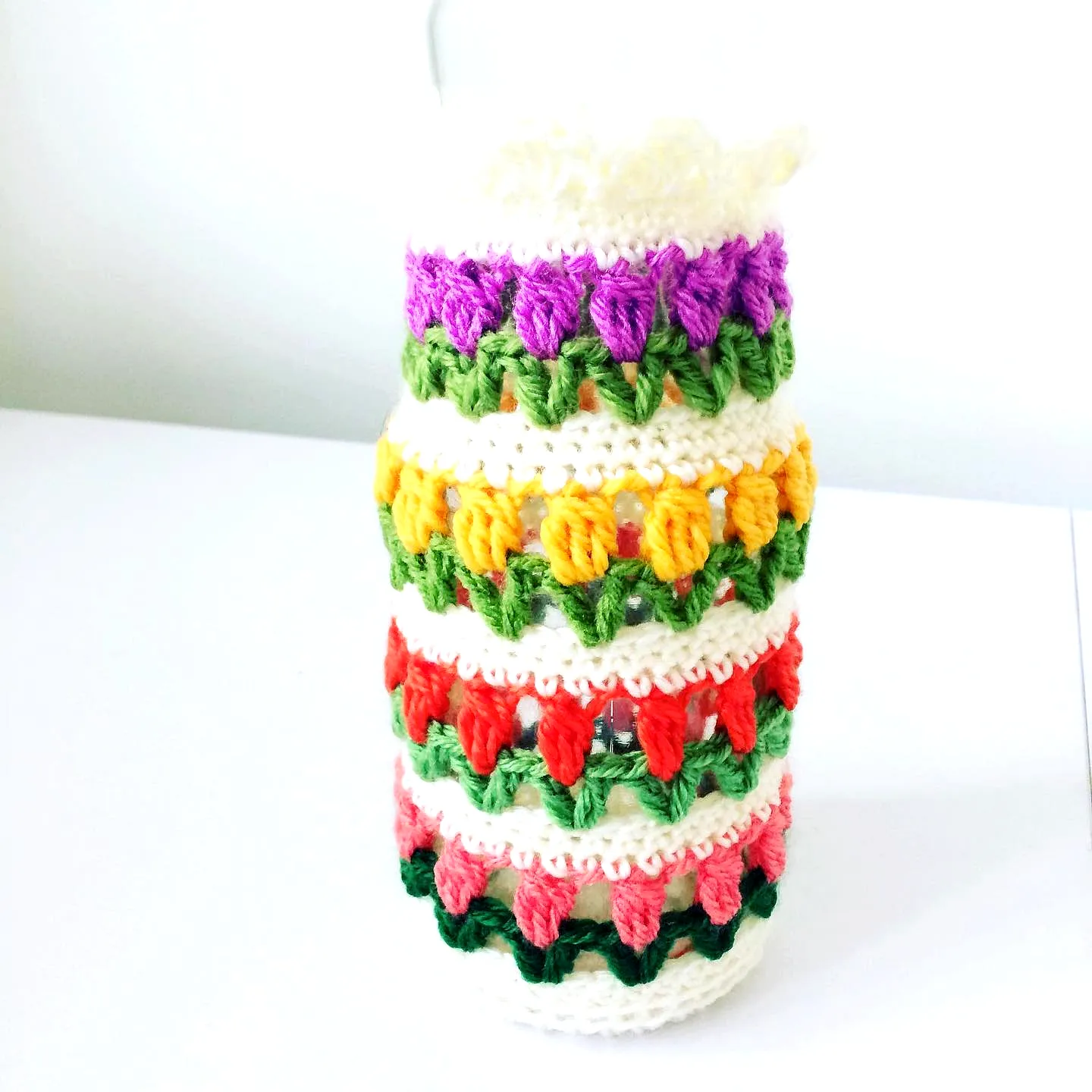 Colorful Intermediate Crochet Jar Cover with Floral and Geometric Patterns