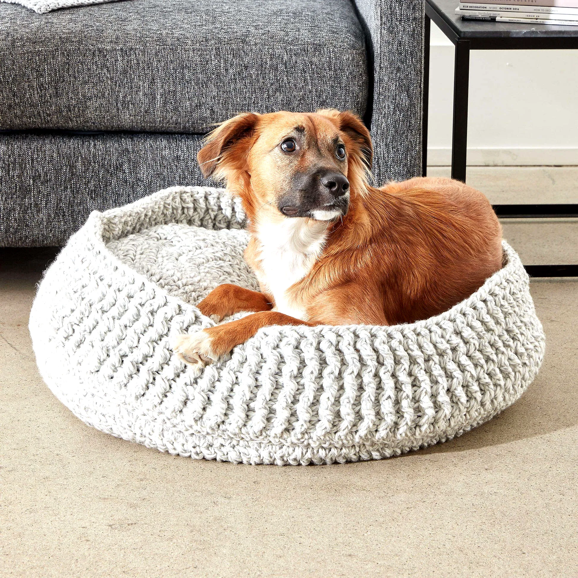 Cozy and Stylish Gray Crochet Pet Bed with Supportive Walls