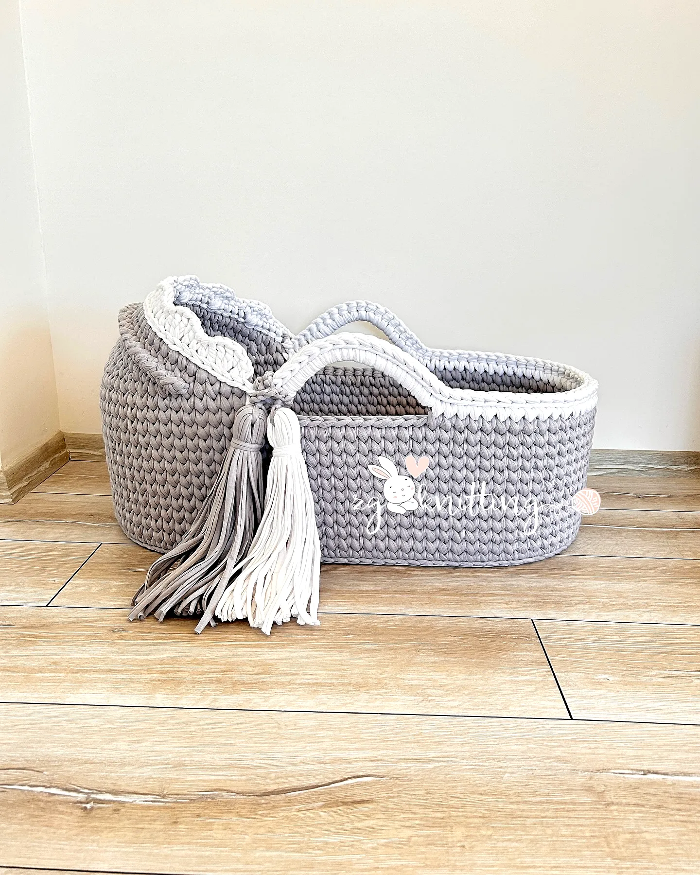 Cozy Crochet Baby Nest in Gray with Decorative Tassels