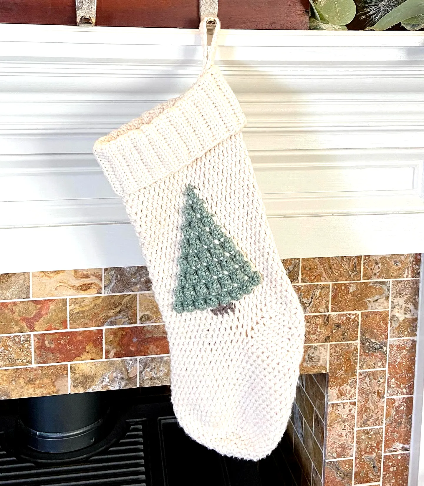 Cozy Crochet Christmas Stocking in Cream with Green Tree Motif