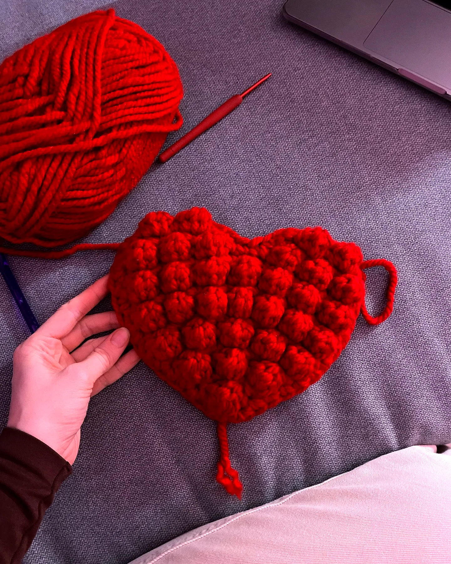 Cozy Crochet Heart in Plush Red with Bubble Stitch Detail