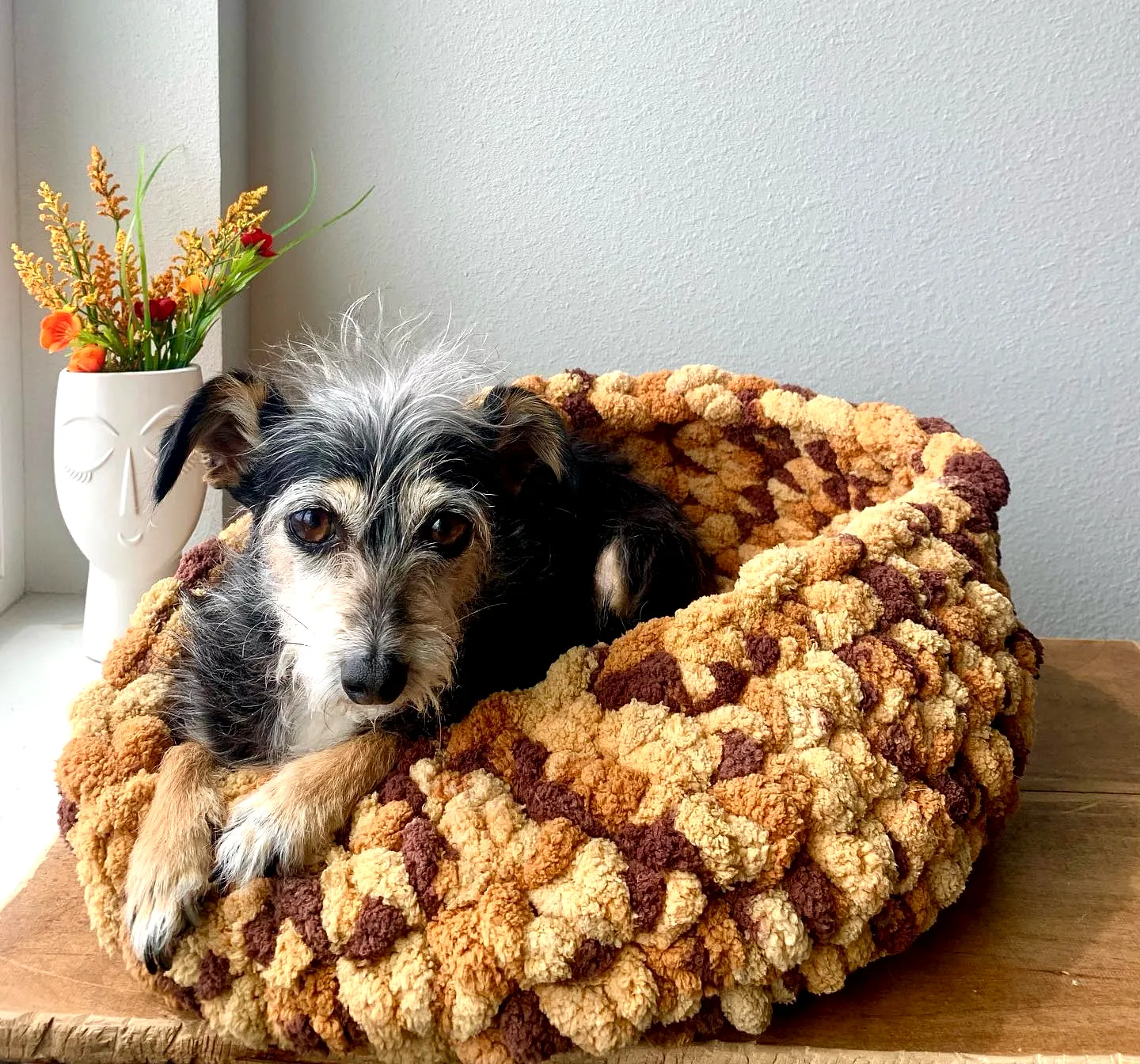 Cozy Crochet Pet Bed in Stylish Brown and Mustard Bobble Stitch