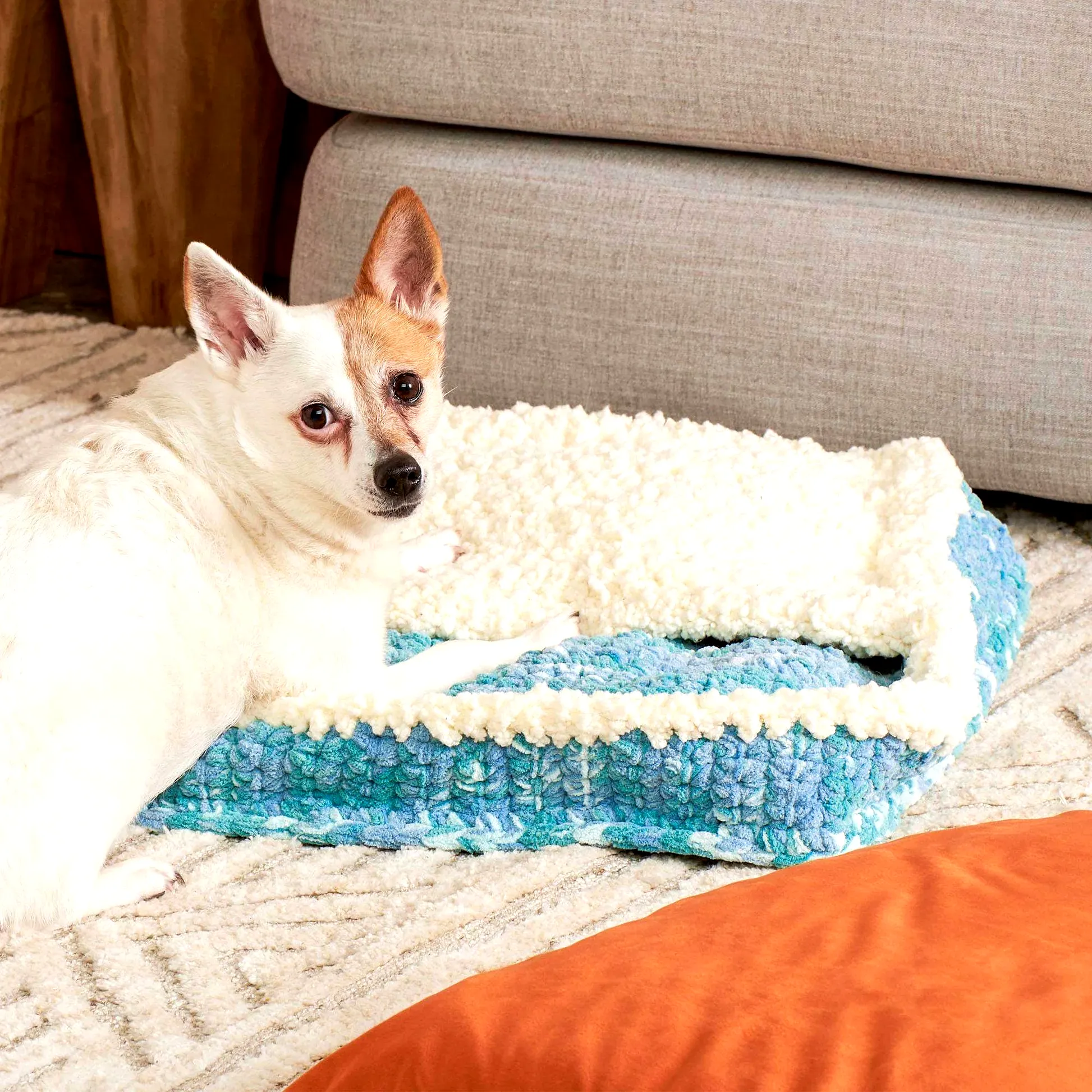 Cozy Crochet Pet Bed in Textured Blue and White for Small Pets