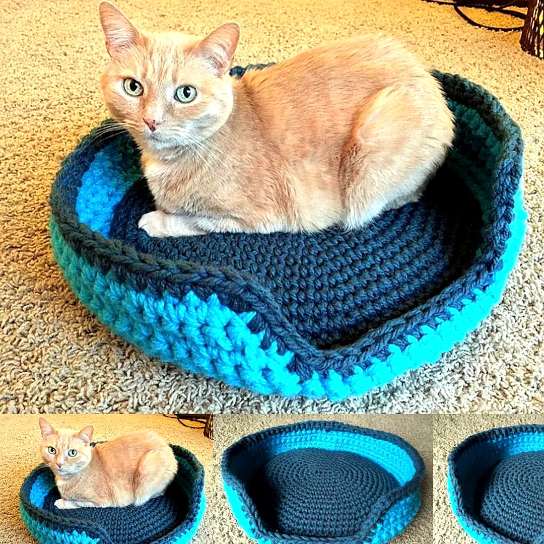 Cozy Vibrant Crochet Pet Bed in Blue and Gray