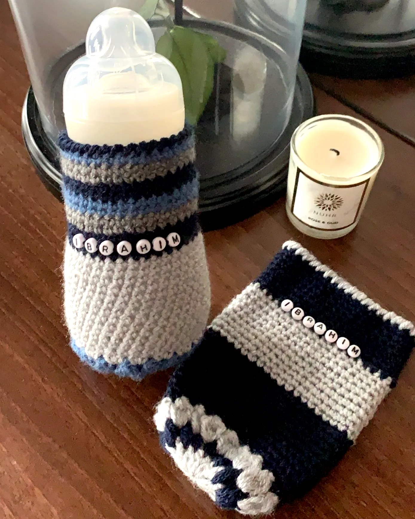 Crochet Baby Bottle Cover in Cozy Stripes of Blue and Gray