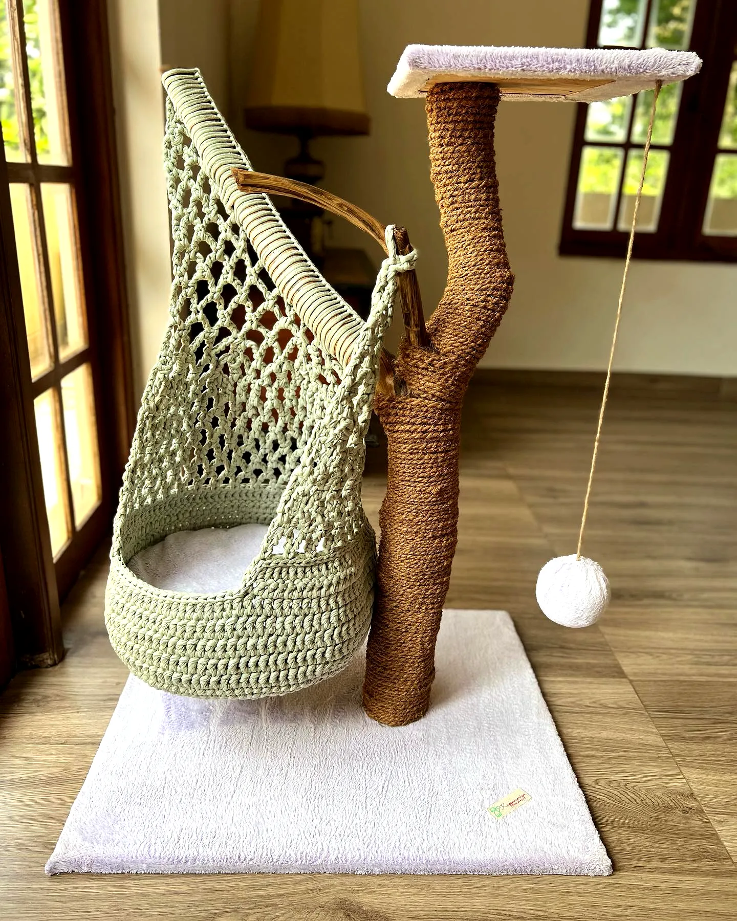 Crochet Cat Hammock in Pastel Green for Stylish Feline Comfort