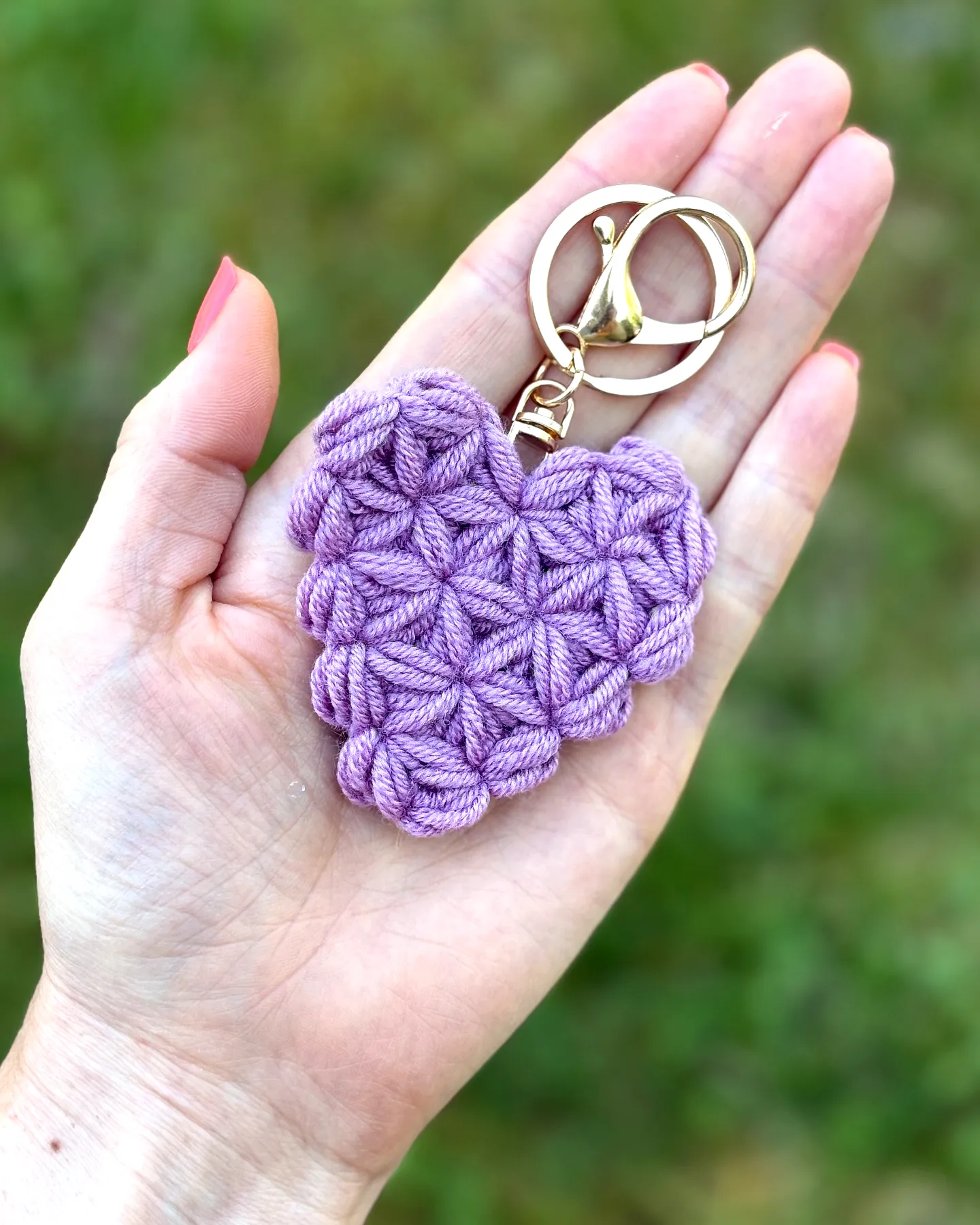 Crochet Heart Keychain in Soft Lavender with Puff Stitch Design