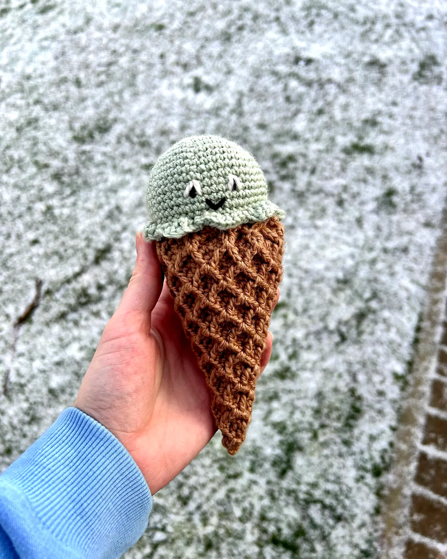 Crochet Ice Cream Mint Green Scoop on Cute Brown Cone