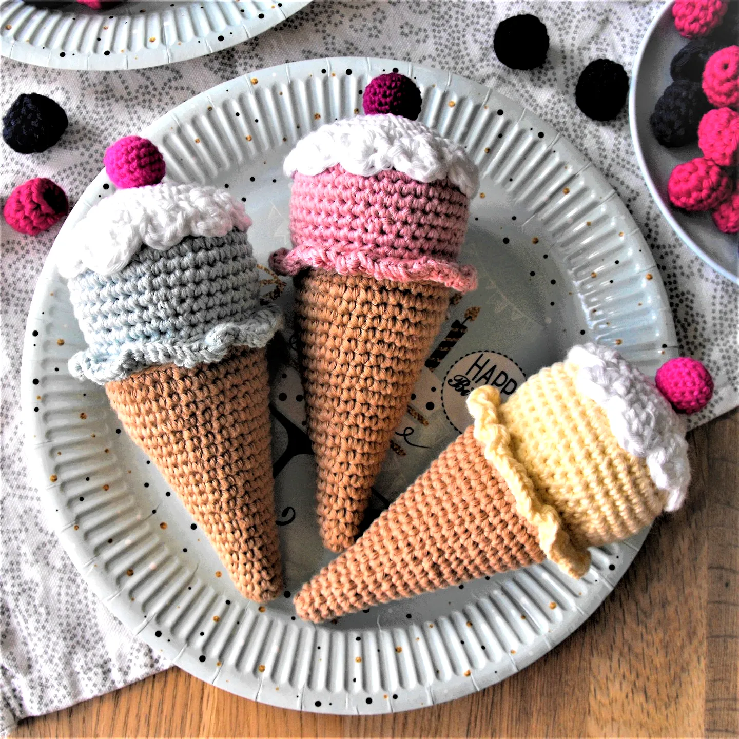 Crochet Ice Cream Set of Colorful Pastel Dessert Cones
