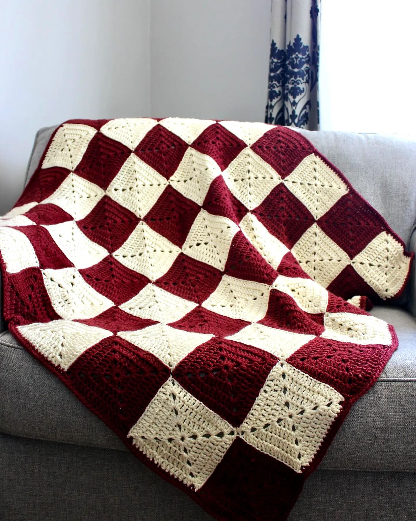 Crochet Picnic Blanket in Stylish Burgundy and Cream Patchwork