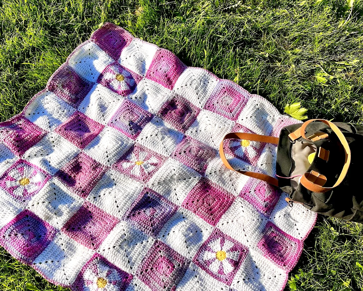 Crochet Picnic Blanket in Vibrant Pink and White Floral Motif