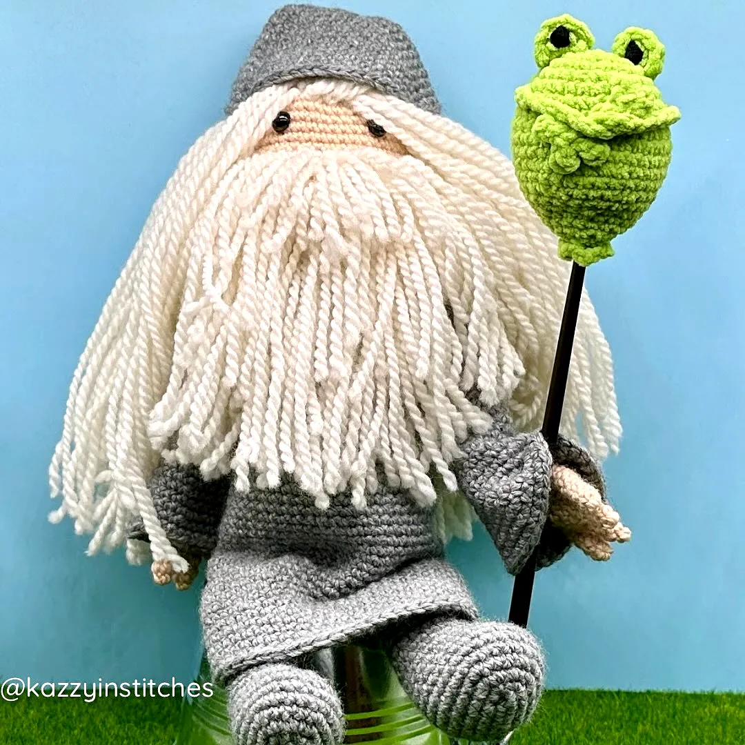 Crochet Wizard Doll with White Beard Gray Robe and Frog Staff