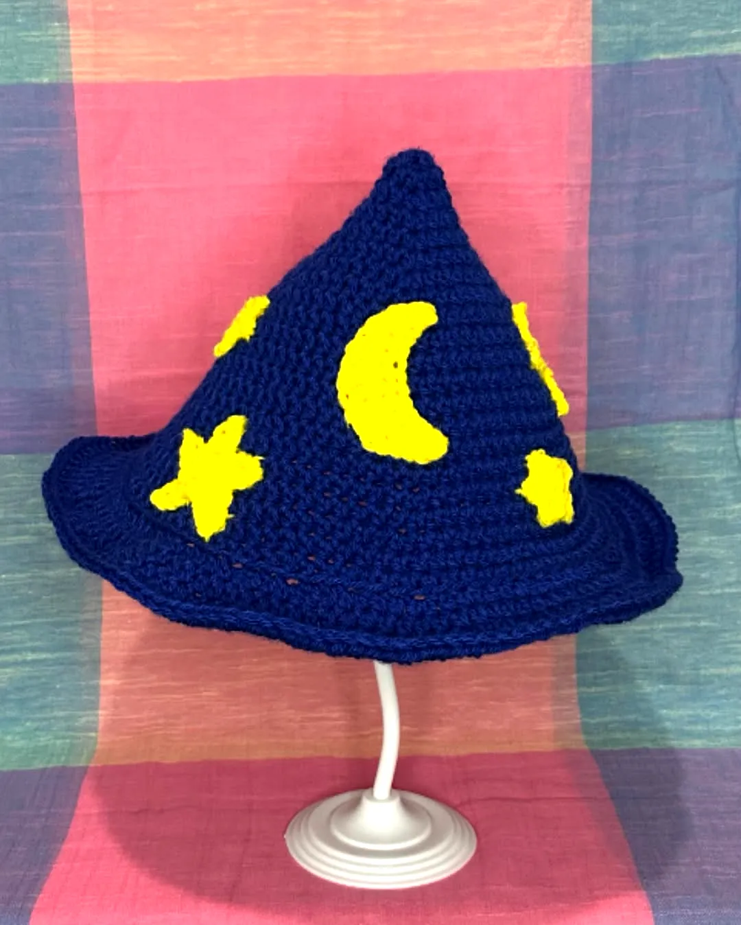 Crochet Wizard Hat in Navy Blue with Yellow Moons and Stars