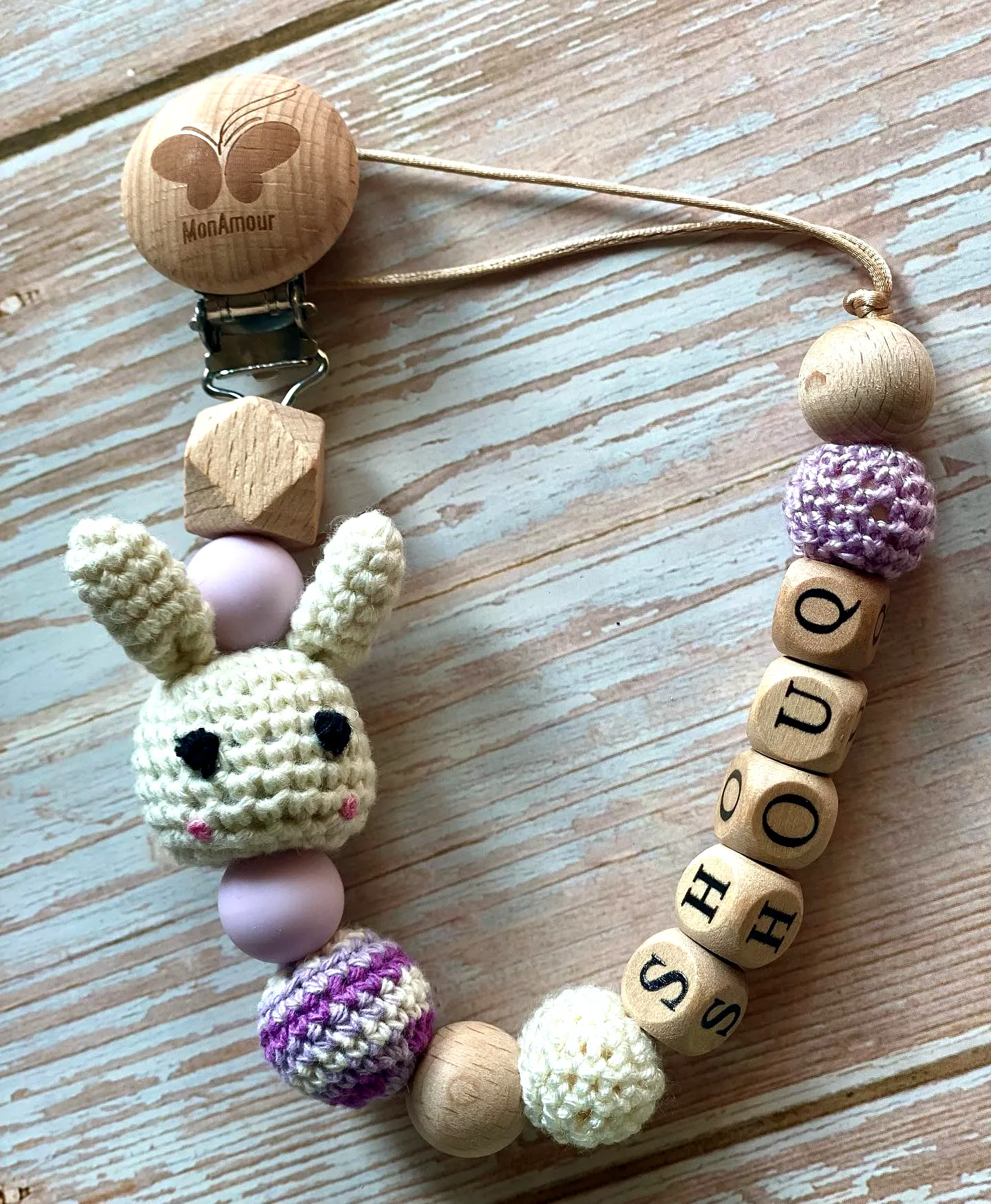 Cute Crochet Baby Pacifier Holder in Soft Cream and Pastels