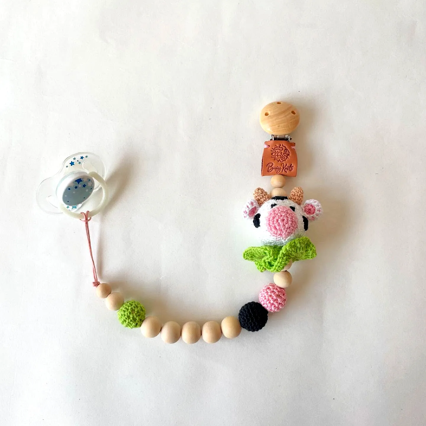 Cute Crochet Baby Pacifier Holder in Vibrant Cow Design