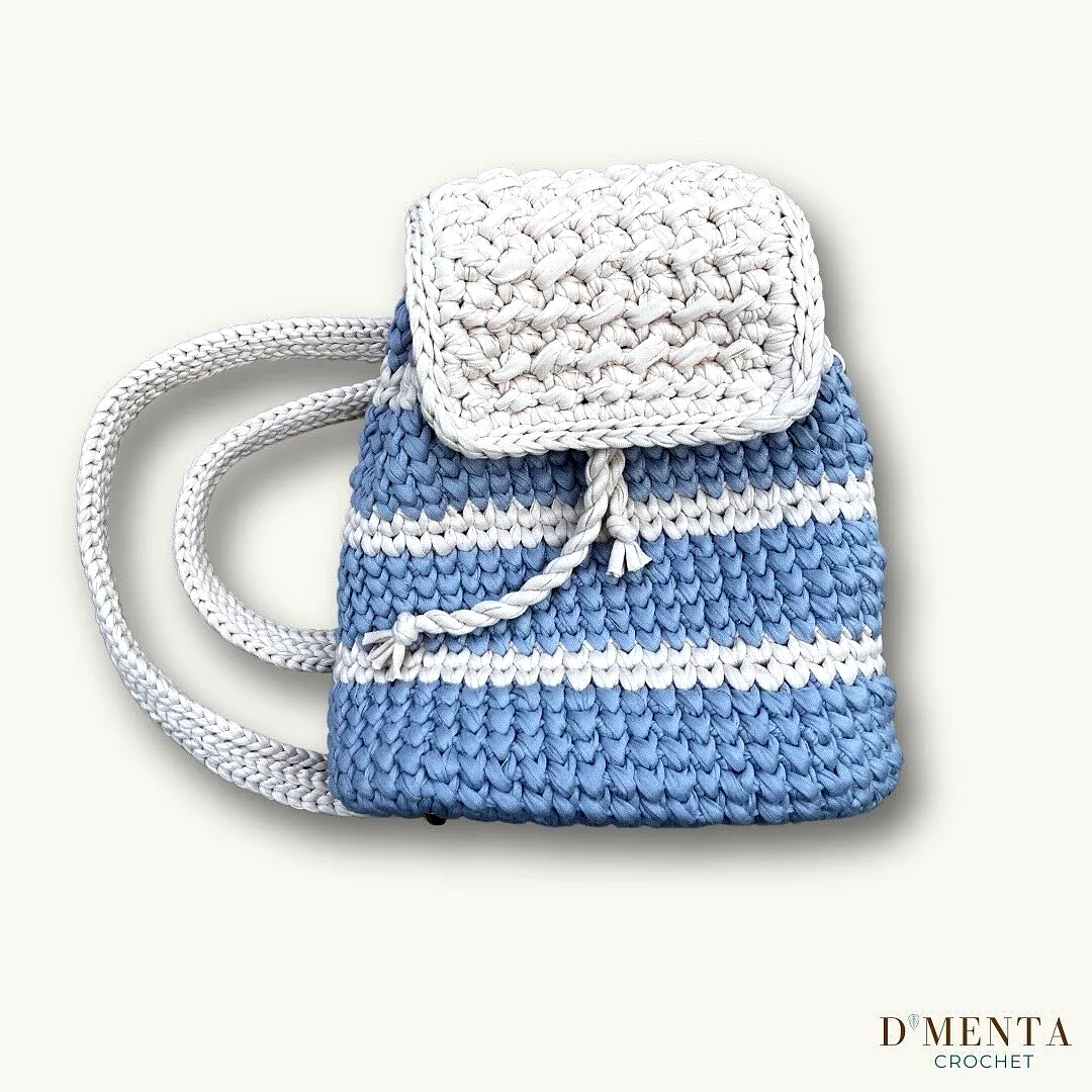 Cute Crochet Backpack in Light Blue and White Stripes