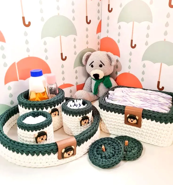 Cute crochet basket organizer in cream and green for stylish storage