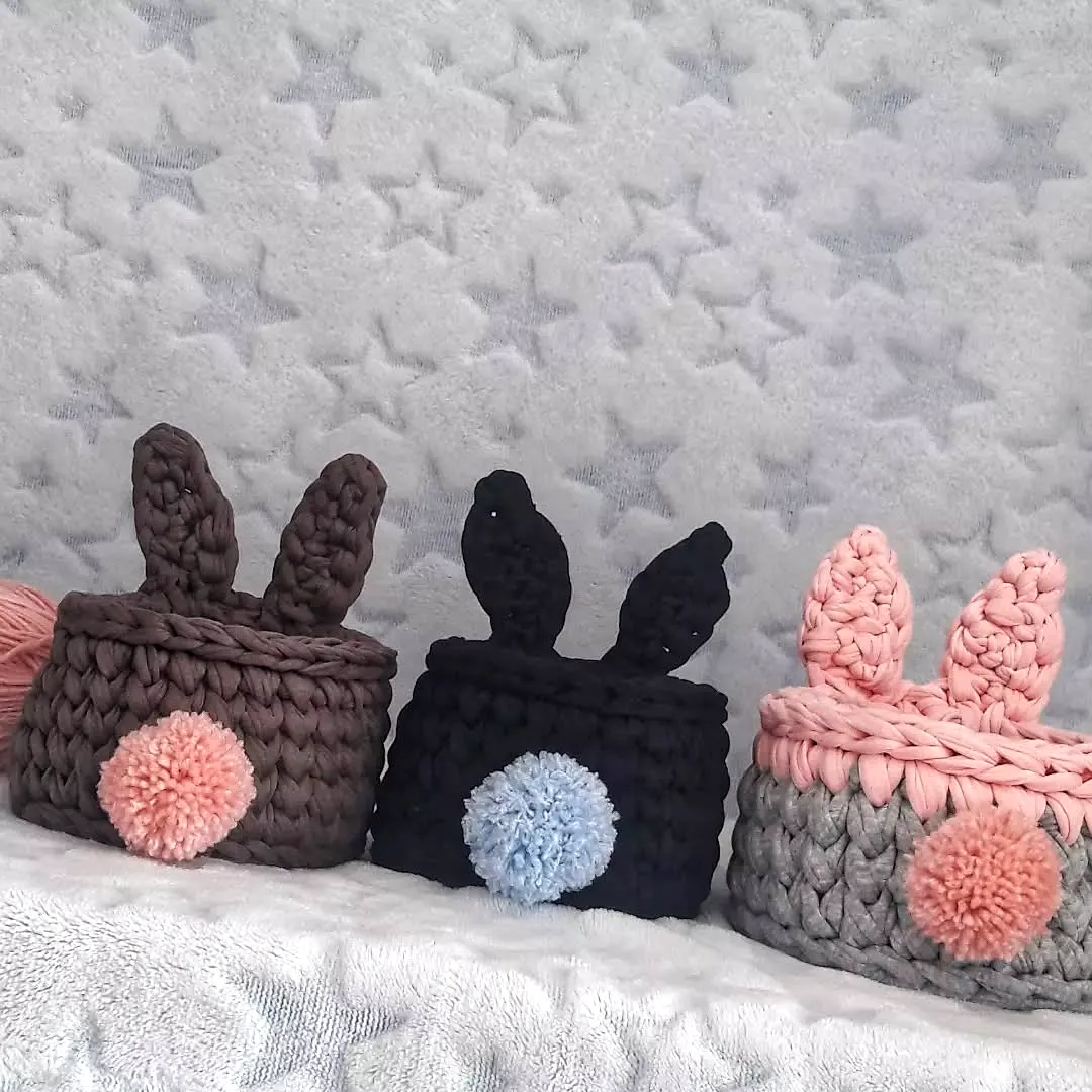 Cute crochet basket organizer with bunny design in brown gray and black