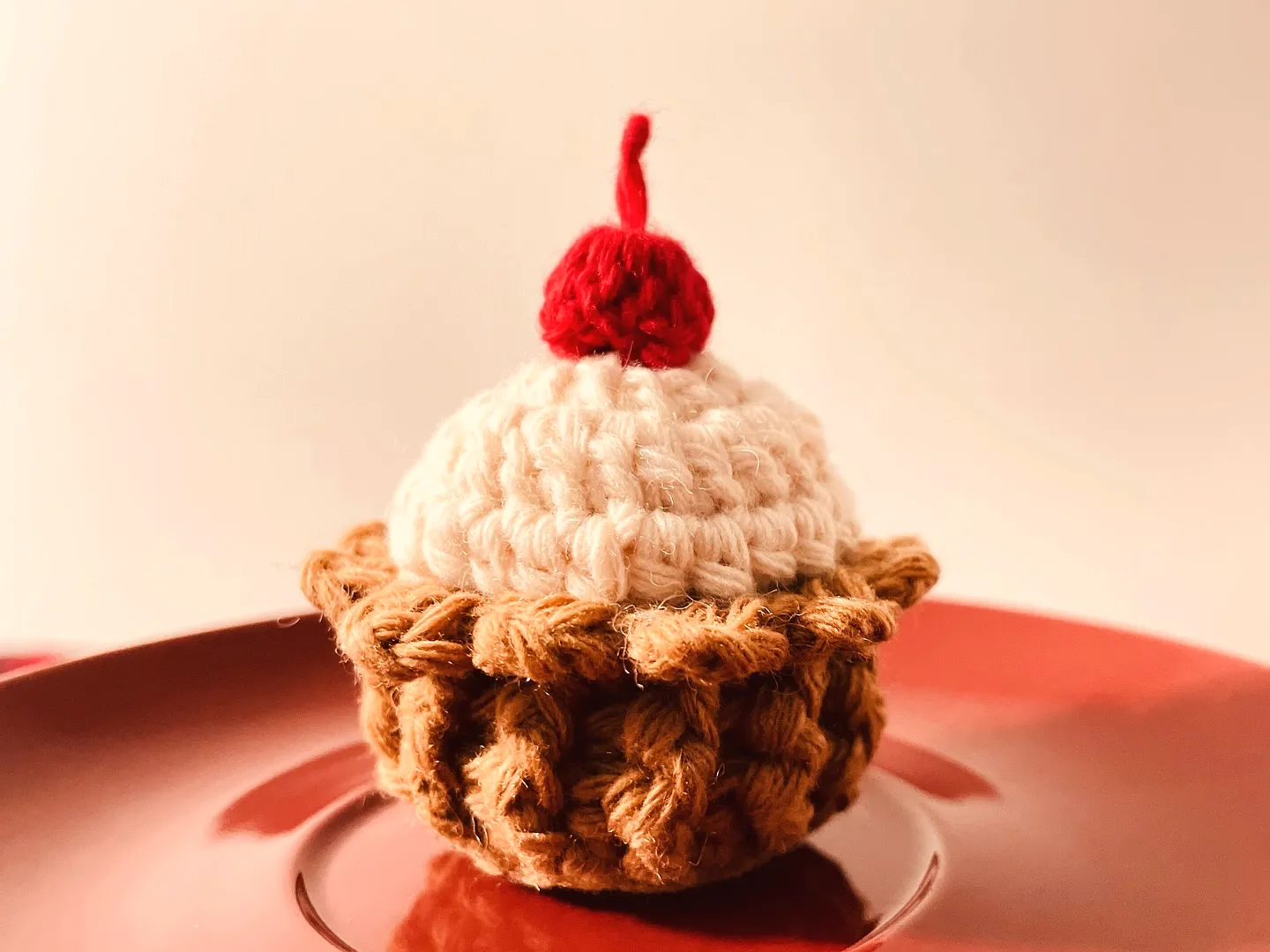 Cute Crochet Cupcake with Brown Base White Frosting and Cherry