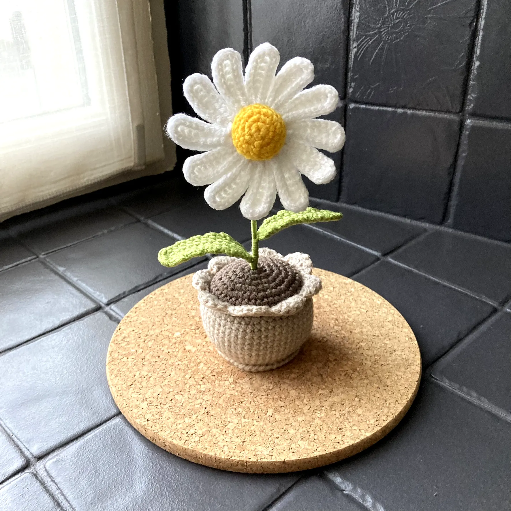 Cute Crochet Daisy in Soft Yarn with Detailed Petals and Leaves