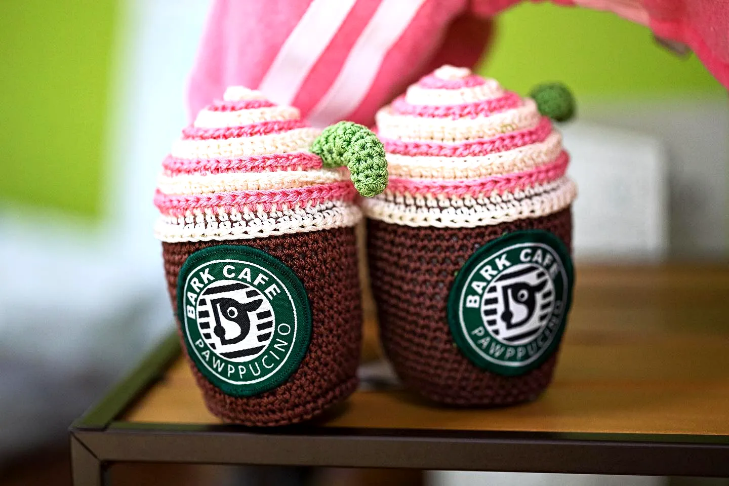 Cute Crochet Dog Toy Coffee Cup Design in Soft Colors