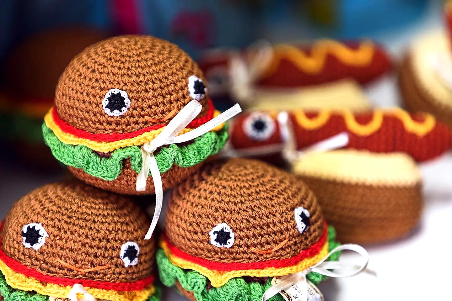 Cute Crochet Dog Toy Set in Vibrant Hamburger and Hot Dog Design