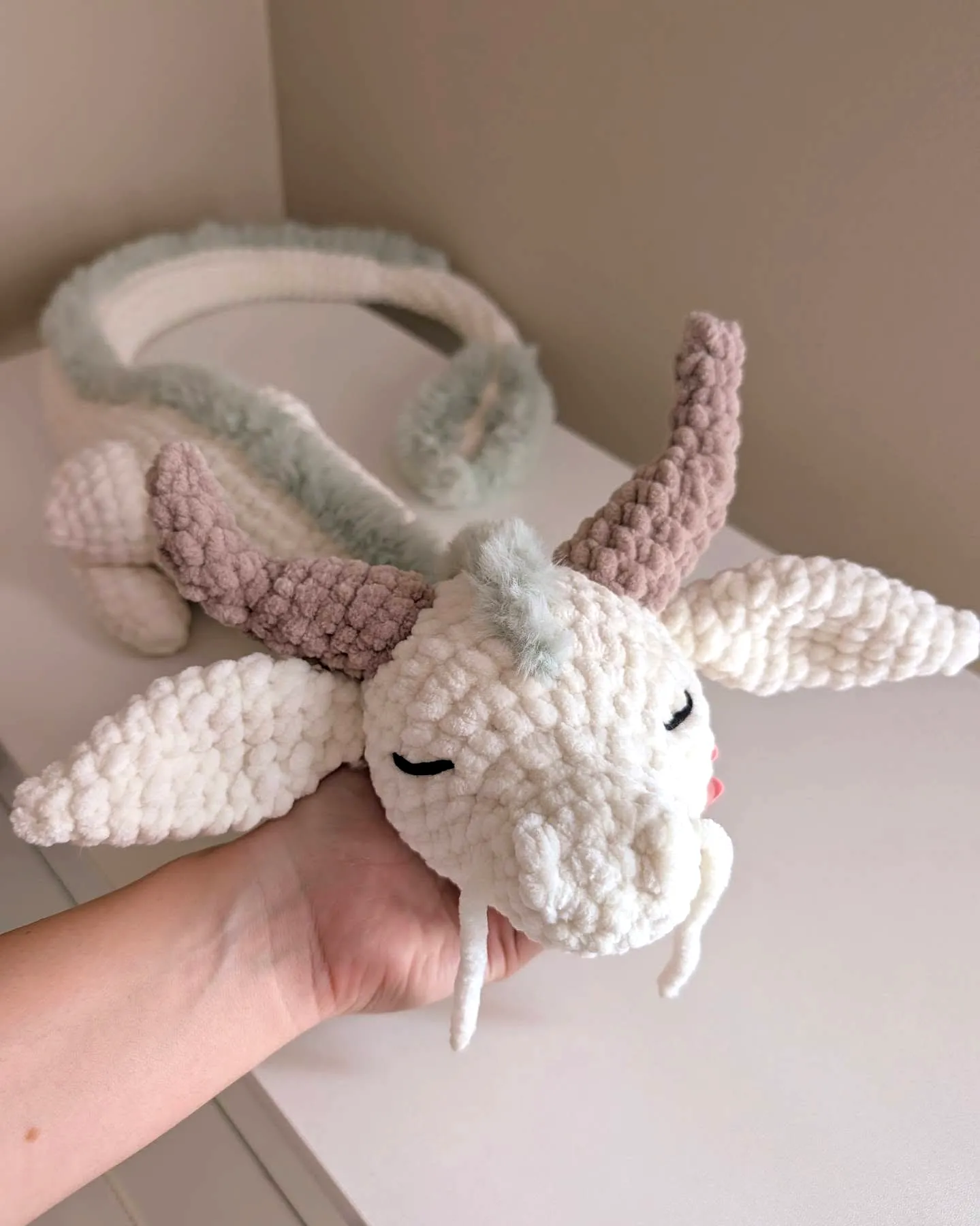 Cute Crochet Dragon in Soft Textured White and Gray Yarn