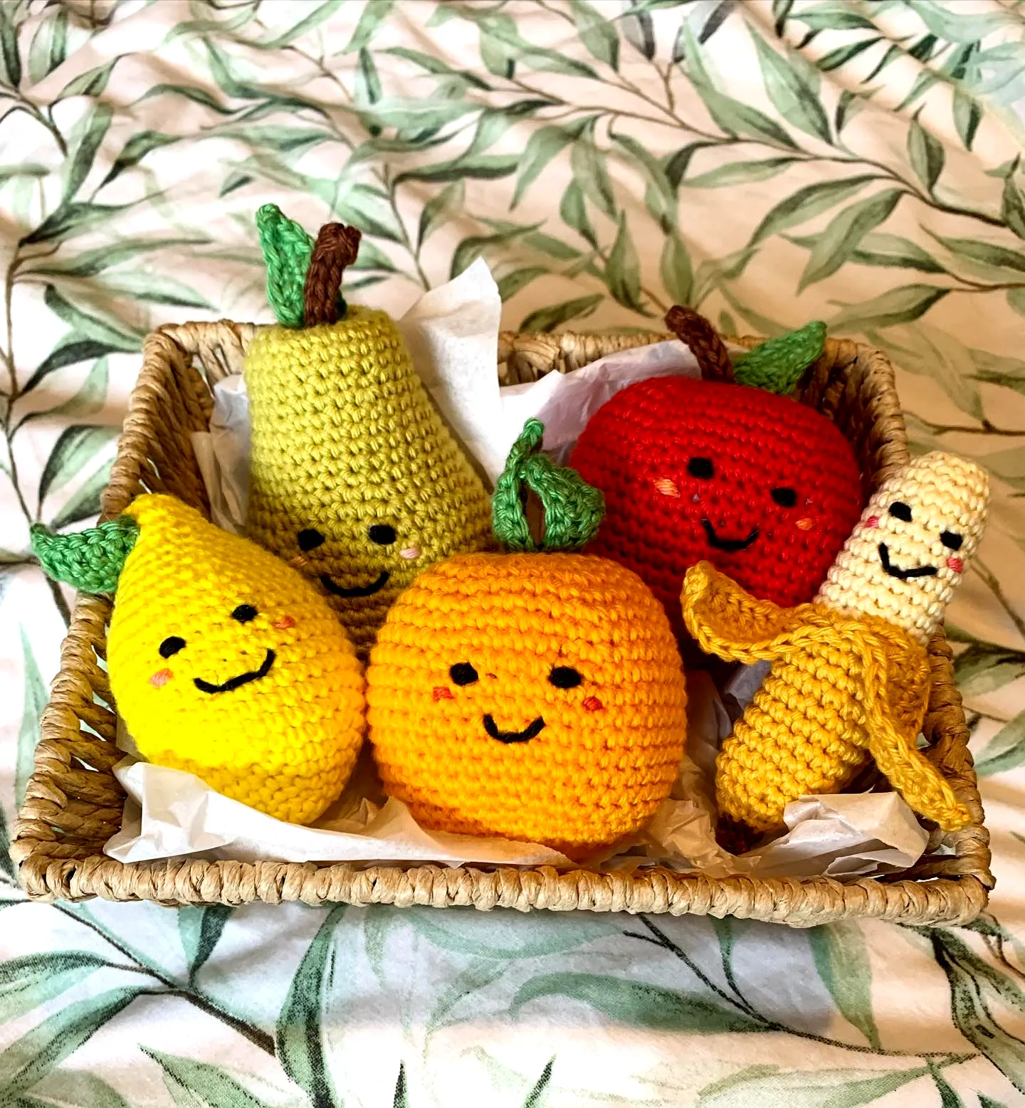 Cute crochet fruit basket in vibrant colors