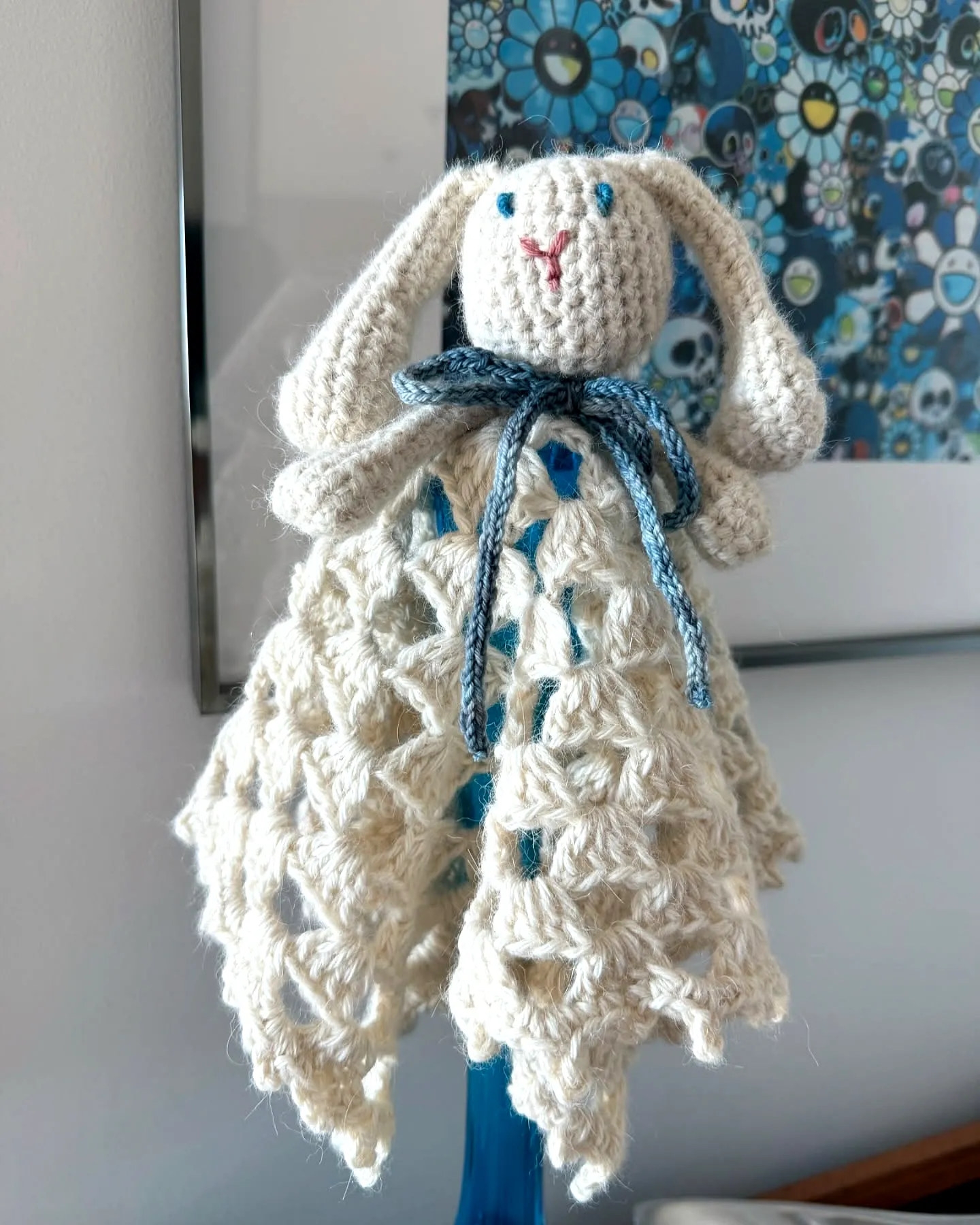 Cute Crochet Lovey Bunny with Lacey Blanket in Cream and Blue