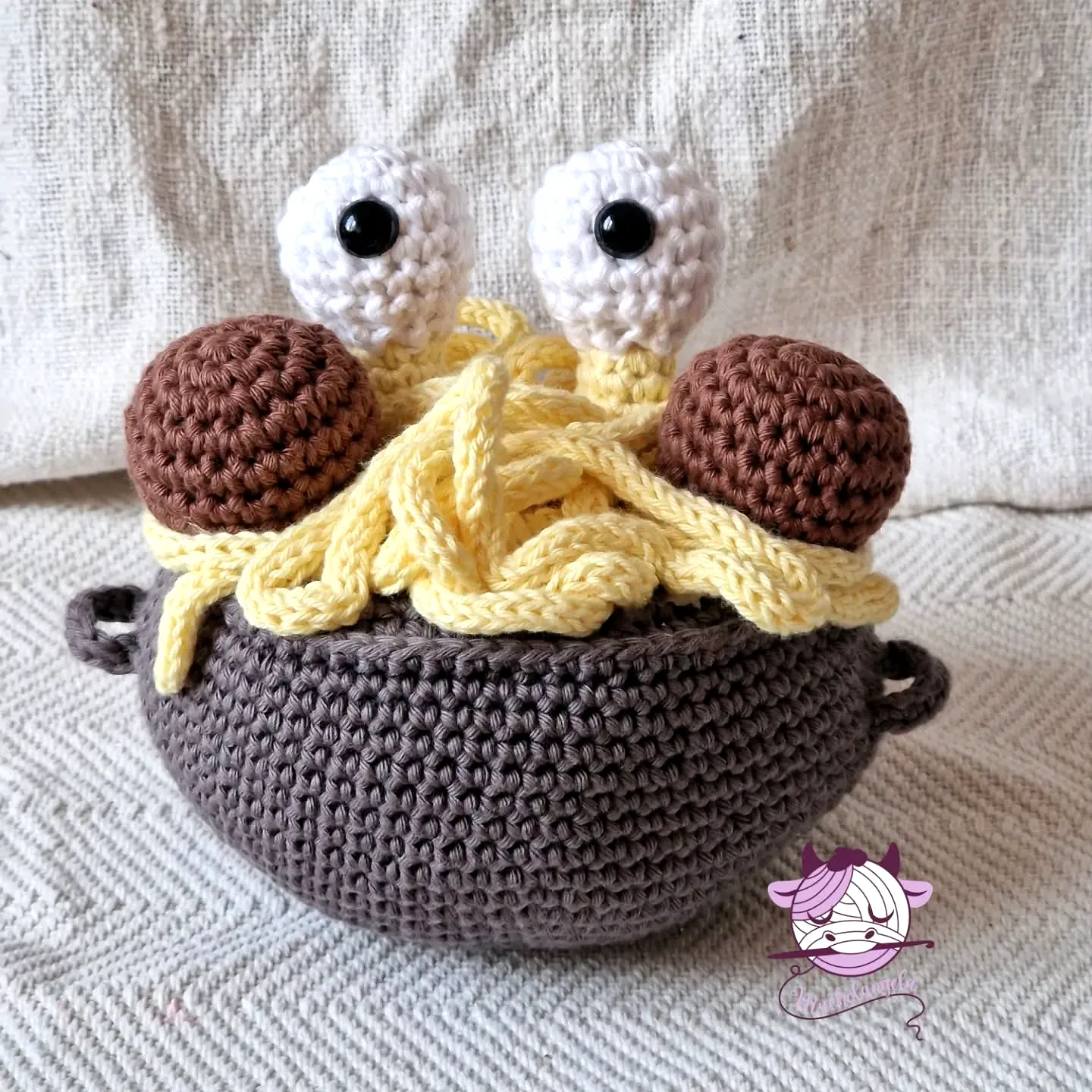 Cute Crochet Pasta Bowl with Yarn Meatballs and Googly Eyes