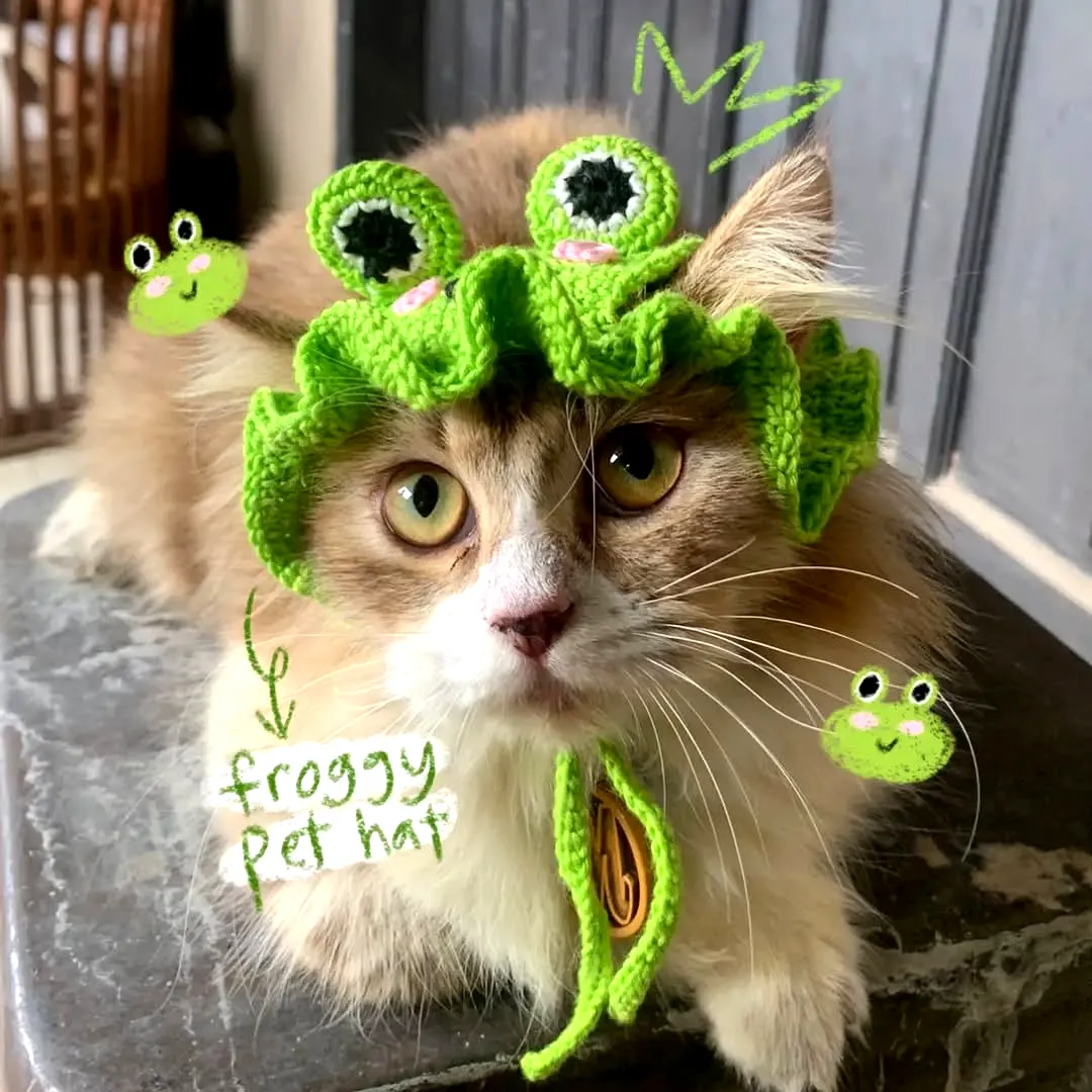 Cute Crochet Pet Hat in Bright Green with Froggy Design