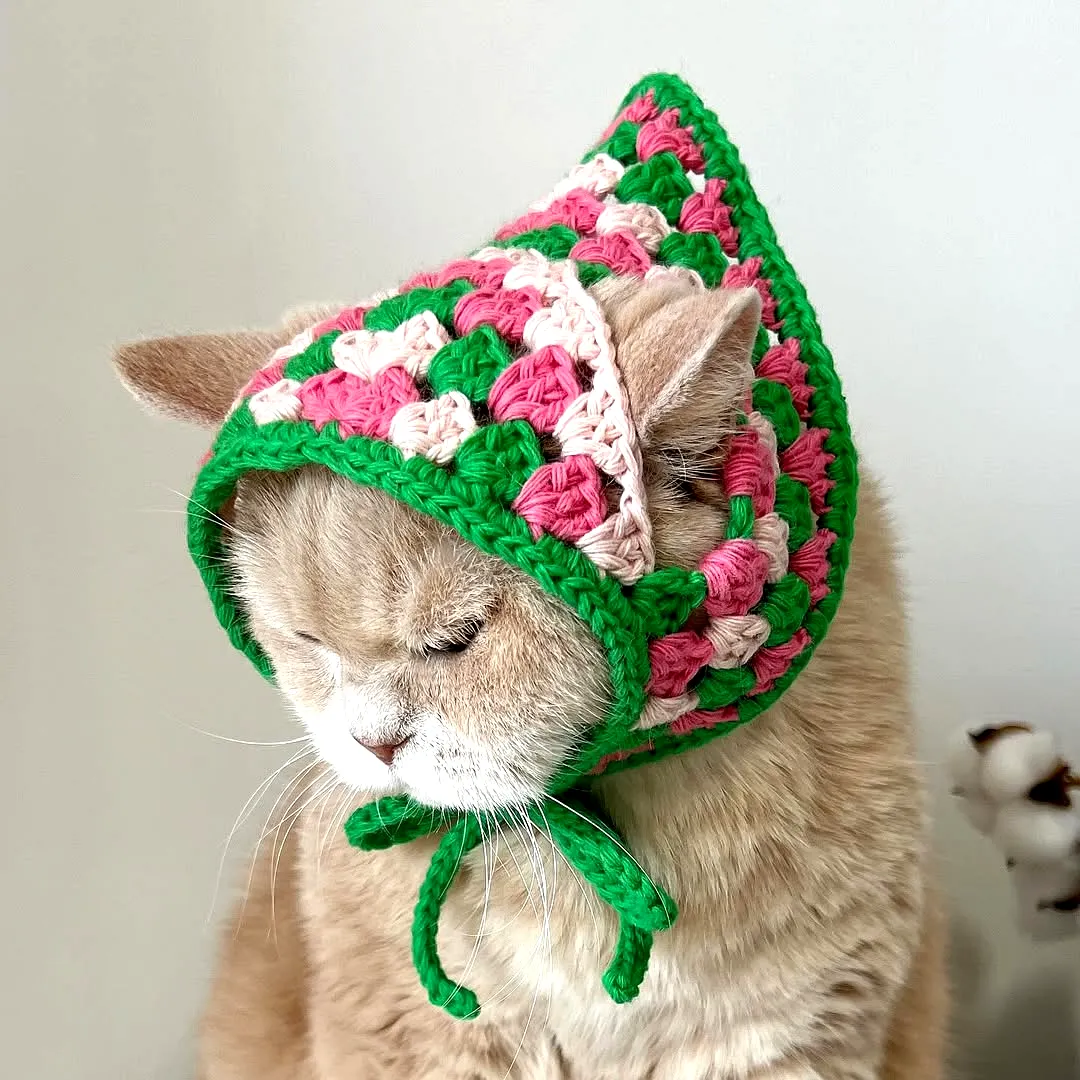Cute Crochet Pet Hat in Vibrant Pink Green and Cream Colors