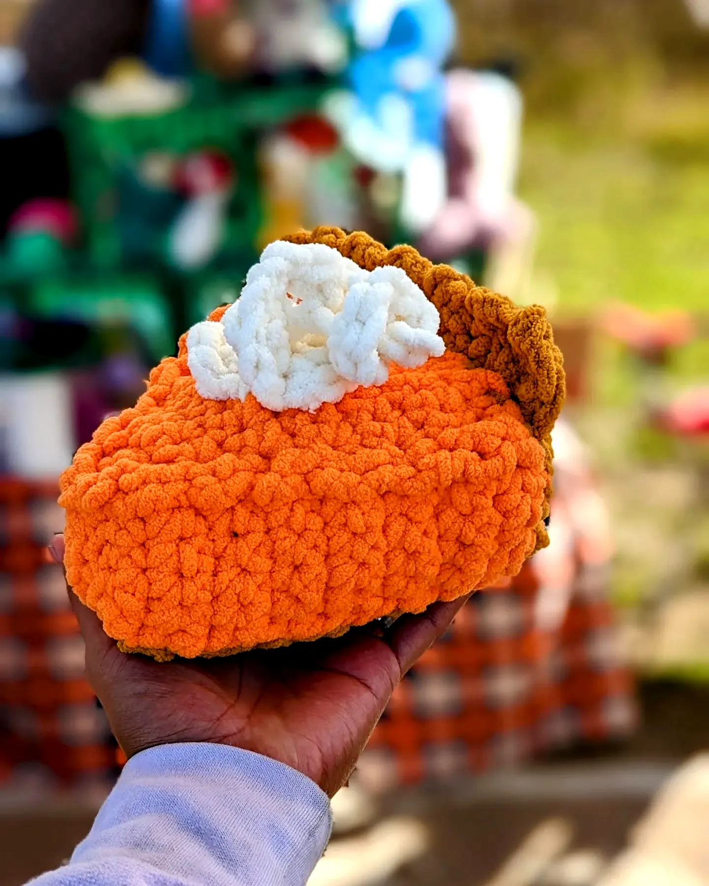 Cute crochet pumpkin pie slice in vibrant orange and brown